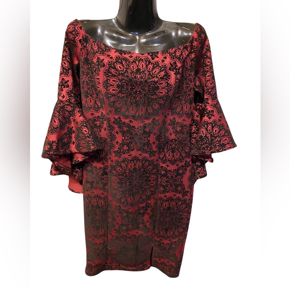 Venus Size 10 Burgundy Black Off Shoulder Extra Large Flare Sleeve Formal Dress